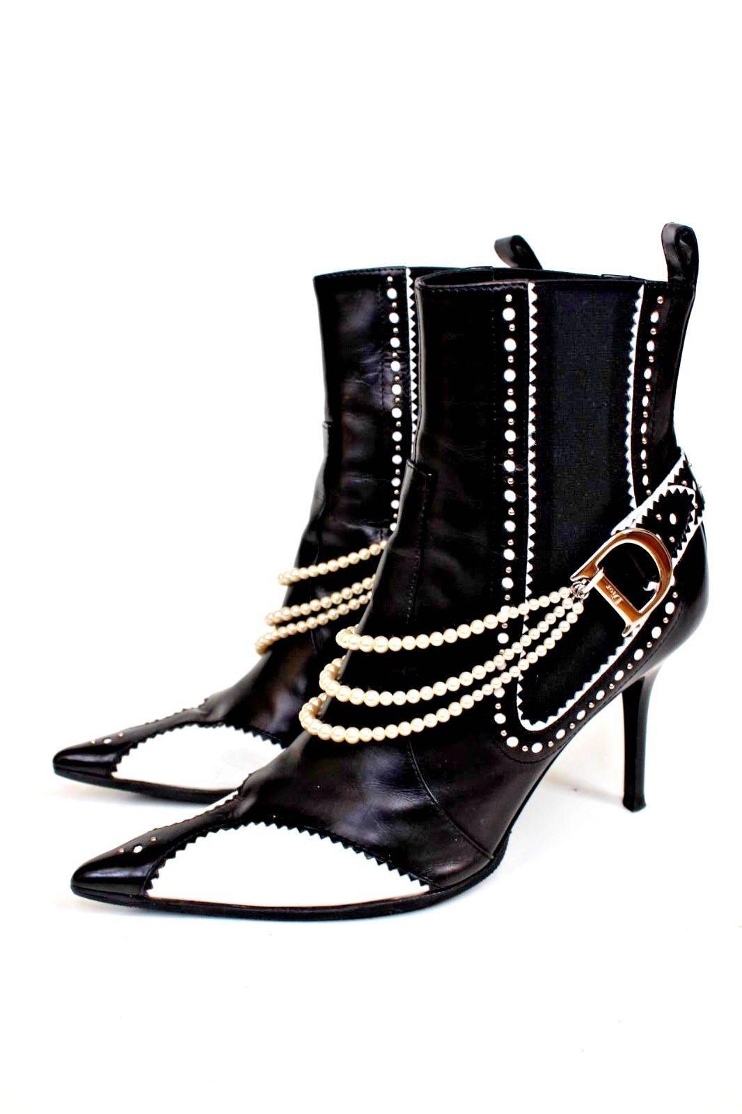 Christian Dior D'Trick John Galliano S/S 2004 Black White Pearl Boots 38 UK 5 2