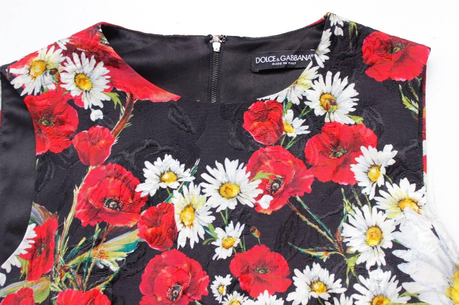 DOLCE & GABBANA 2016 Daisy and Poppy Print Shift Dress It 44 Uk 12  Black, red a For Sale 1
