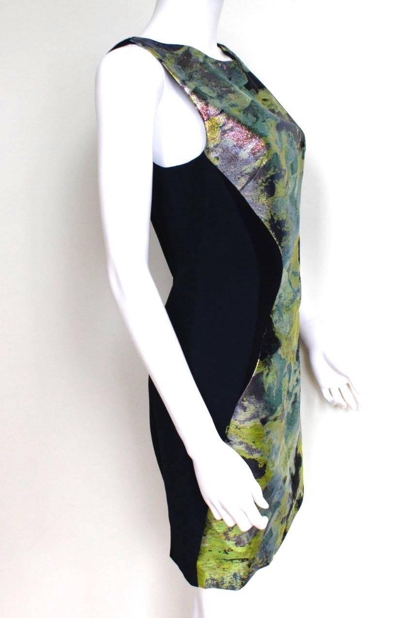 Antonio Berardi Black Green Metallic Panel Dress UK 10 IT 42
Metallic green mixed print to the front 
Figure hugging dress with contrasting side panels 
Length 34 inches, chest 18 inches across,waist 14.5 inches across, hips 19 inches laid flat