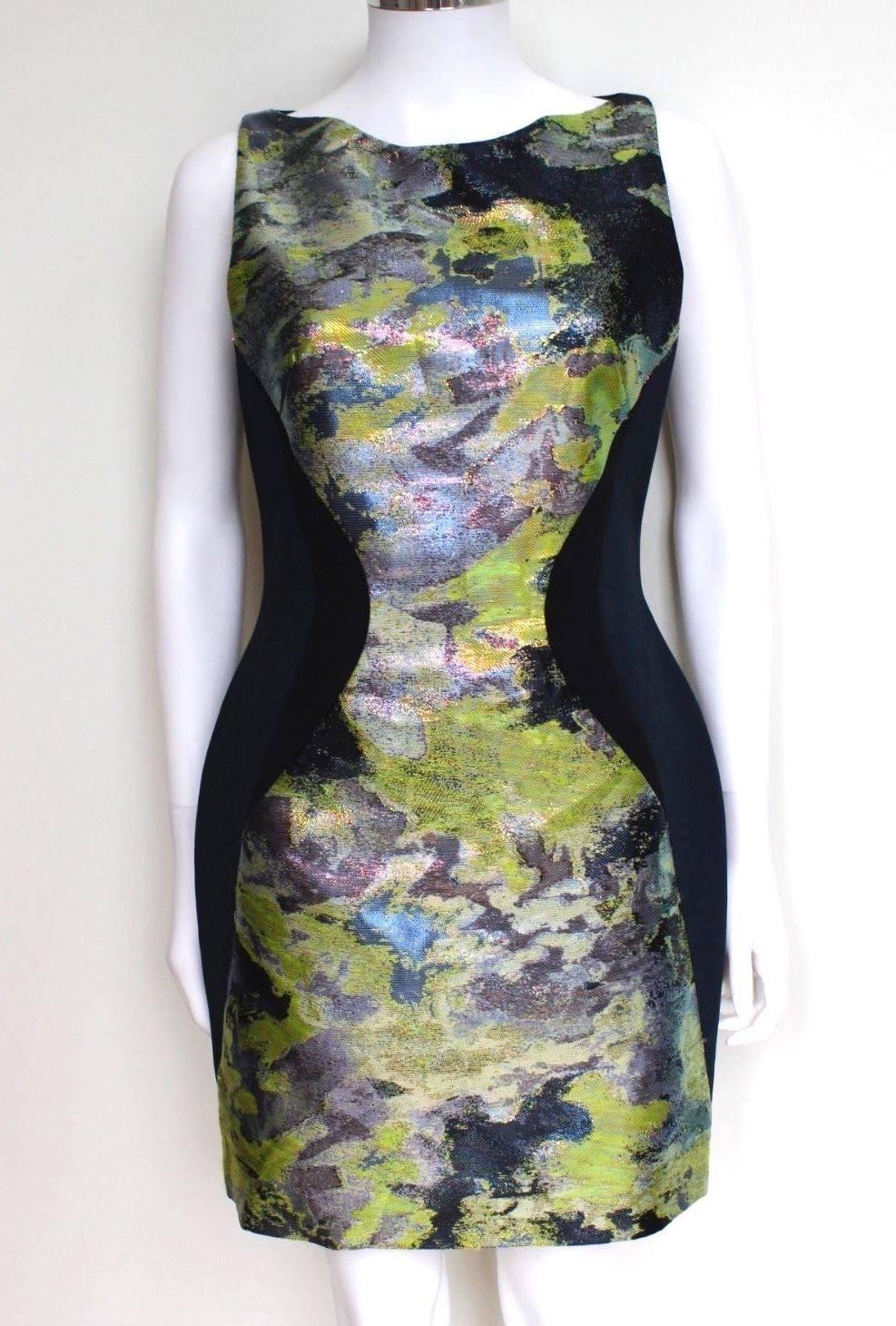 Antonio Berardi Black Green Metallic Panel Dress UK 10 IT 42  In New Condition For Sale In London, GB
