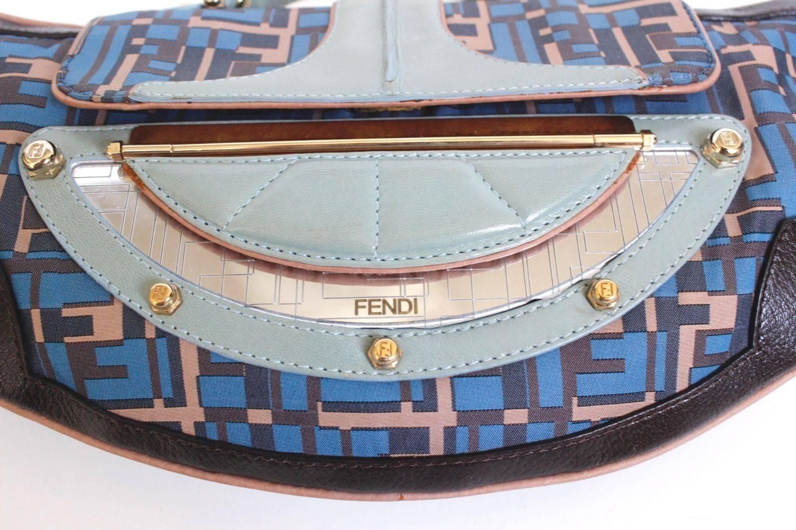 Gray FENDI Blue Pink Leather Zucca Vanity Clutch Bag  For Sale