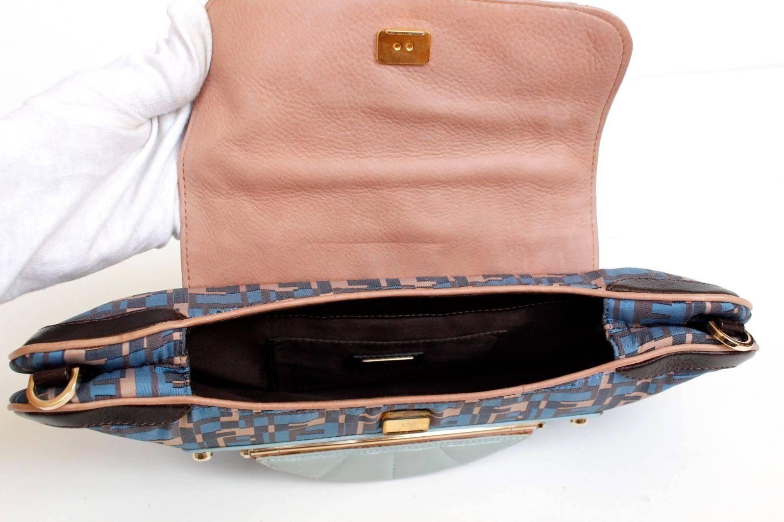FENDI Blue Pink Leather Zucca Vanity Clutch Bag  In Excellent Condition For Sale In London, GB