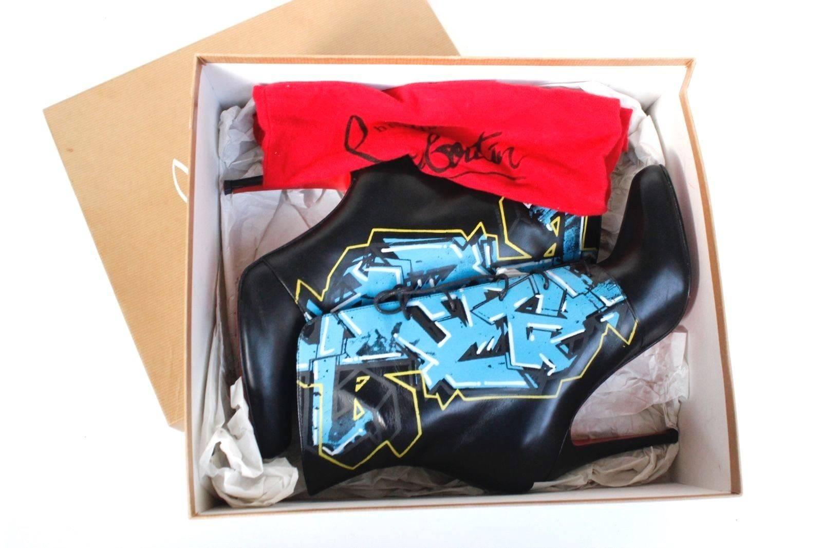 CHRISTIAN LOUBOUTIN Madison Graffiti Black Leather Boots 38 uk 5 For Sale 1