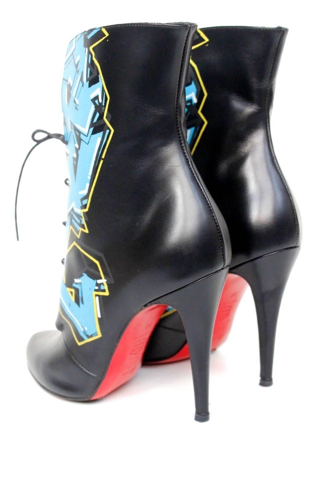 CHRISTIAN LOUBOUTIN Madison Graffiti Black Leather Boots 38 uk 5 For Sale 2