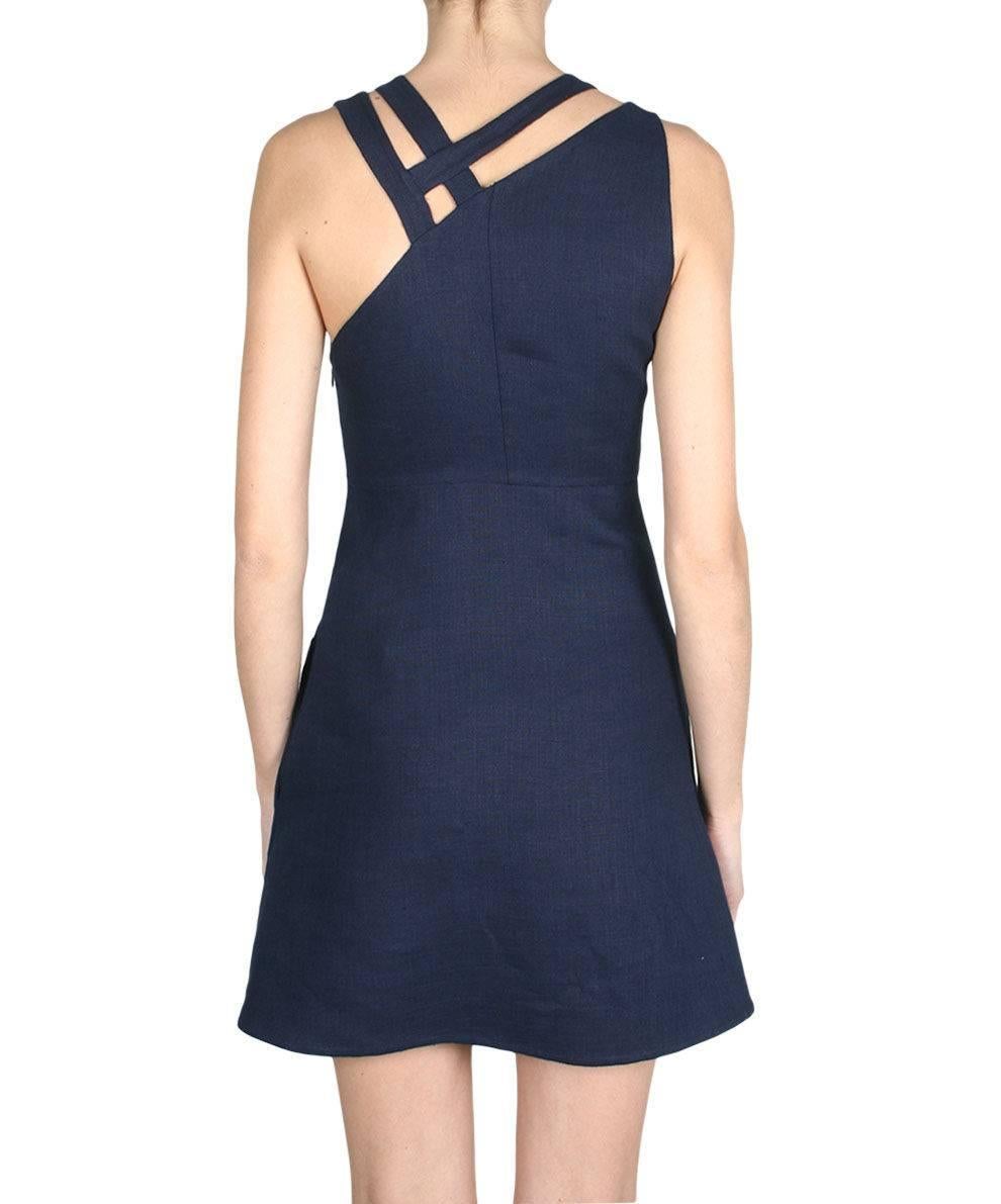 New Valentino Navy Blue Asymmetrical Back A-Line Linen Dress 42 UK 10  In New Condition In London, GB