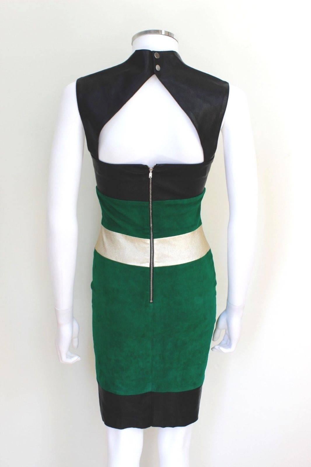 Jitrois Black Green Suede Leather Dress F36 UK 8 
Gorgeous stretch leather dress from Jitrois 
Black leather bodice and hem, green suede with gold panel to the waist 
Unlined, with zip fastening 
Length 36 inches, chest 16 inches across, waist 12