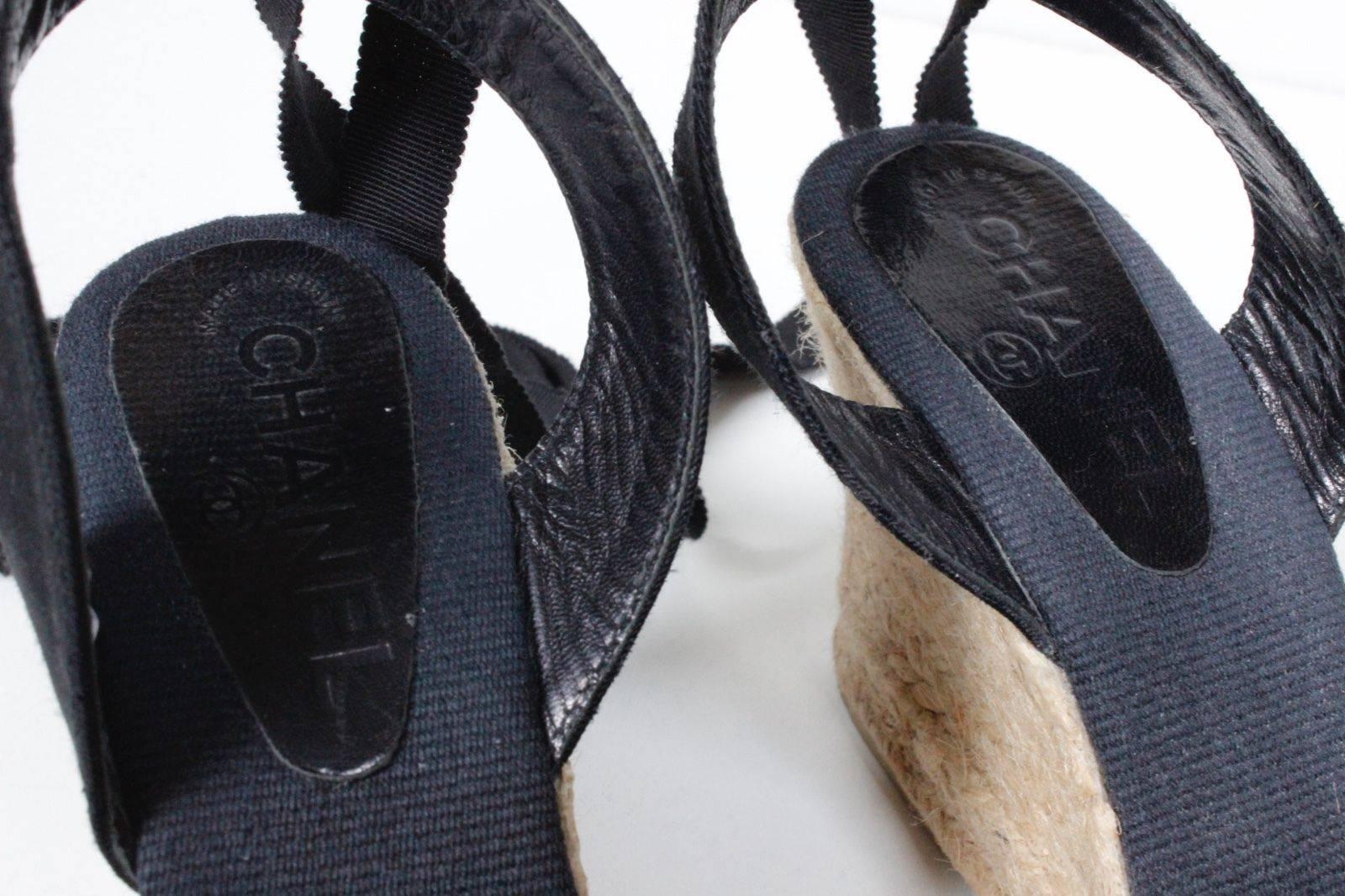 CHANEL Black Canvas Camellia Ankle Wrap Espadrille Wedges Size 38 uk 5  In Excellent Condition In London, GB