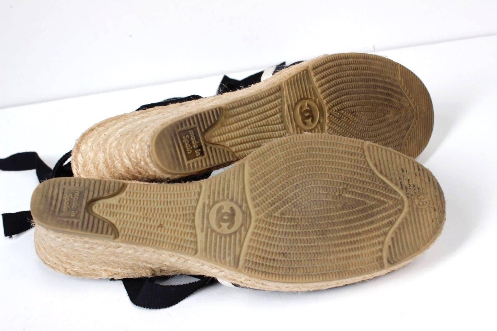 CHANEL Black Canvas Camellia Ankle Wrap Espadrille Wedges Size 38 uk 5 3