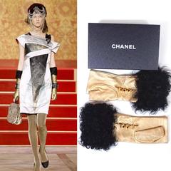CHANEL 09A Moscow Paris Gold Fur Leather Fingerless Gloves 7.5