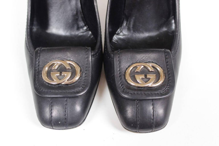 Gucci Black Gold Logo Leather heels UD 7.5 38 UK 5 For Sale at 1stDibs | gucci  ud