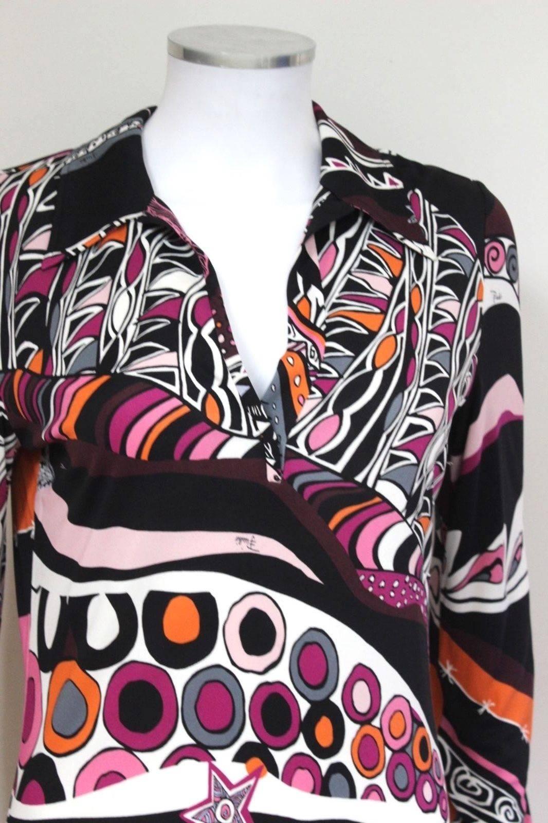 New Emilio Pucci Black Pink Print Shift Collar Dress It 42 uk 10 
Gorgeous dress from Emilio Pucci with the unmistakable bold Pucci print 
Collared neck with cuffs 
Length 37 inches, chest 19 inches across, waist 16 inches across, hips 19 inches
