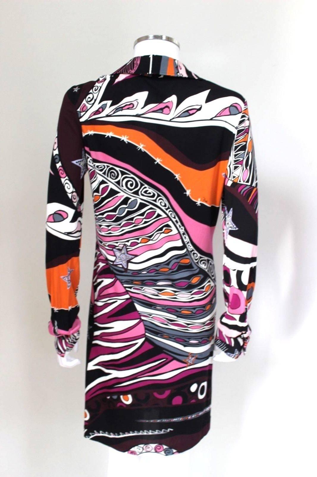 New Emilio Pucci Black Pink Print Shift Collar Dress It 42 uk 10   In New Condition In London, GB