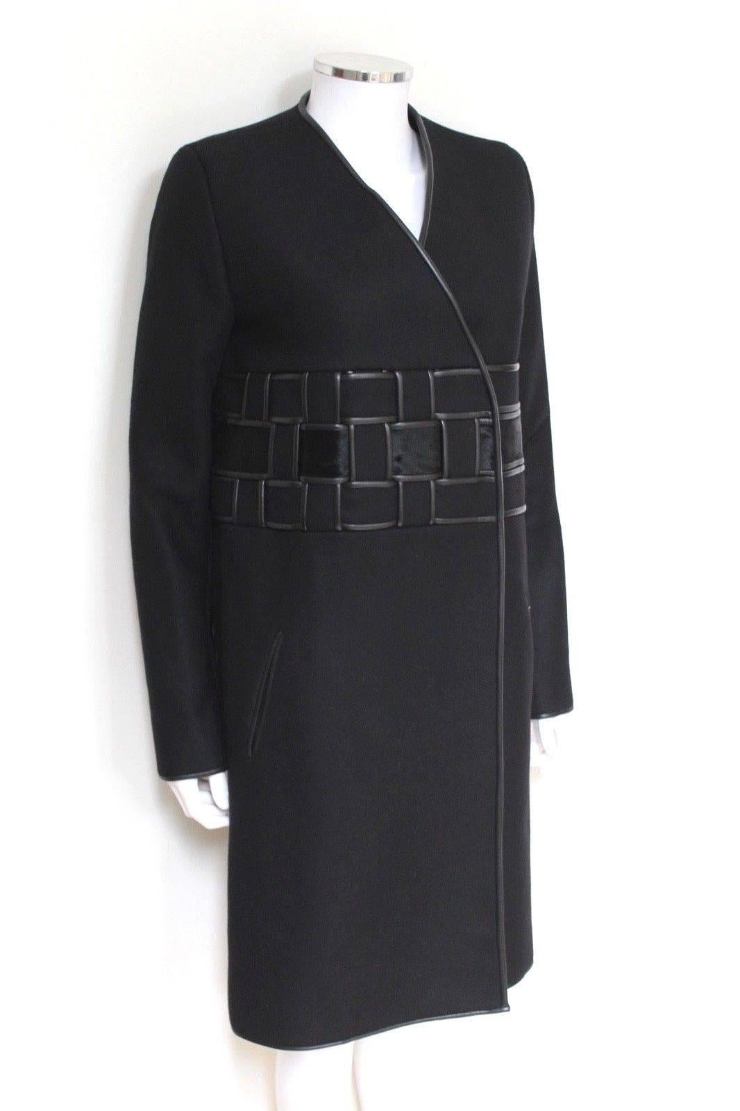 New DAVID KOMA Leather Wool Fur Woven Detail Coat UK 10   In Excellent Condition For Sale In London, GB