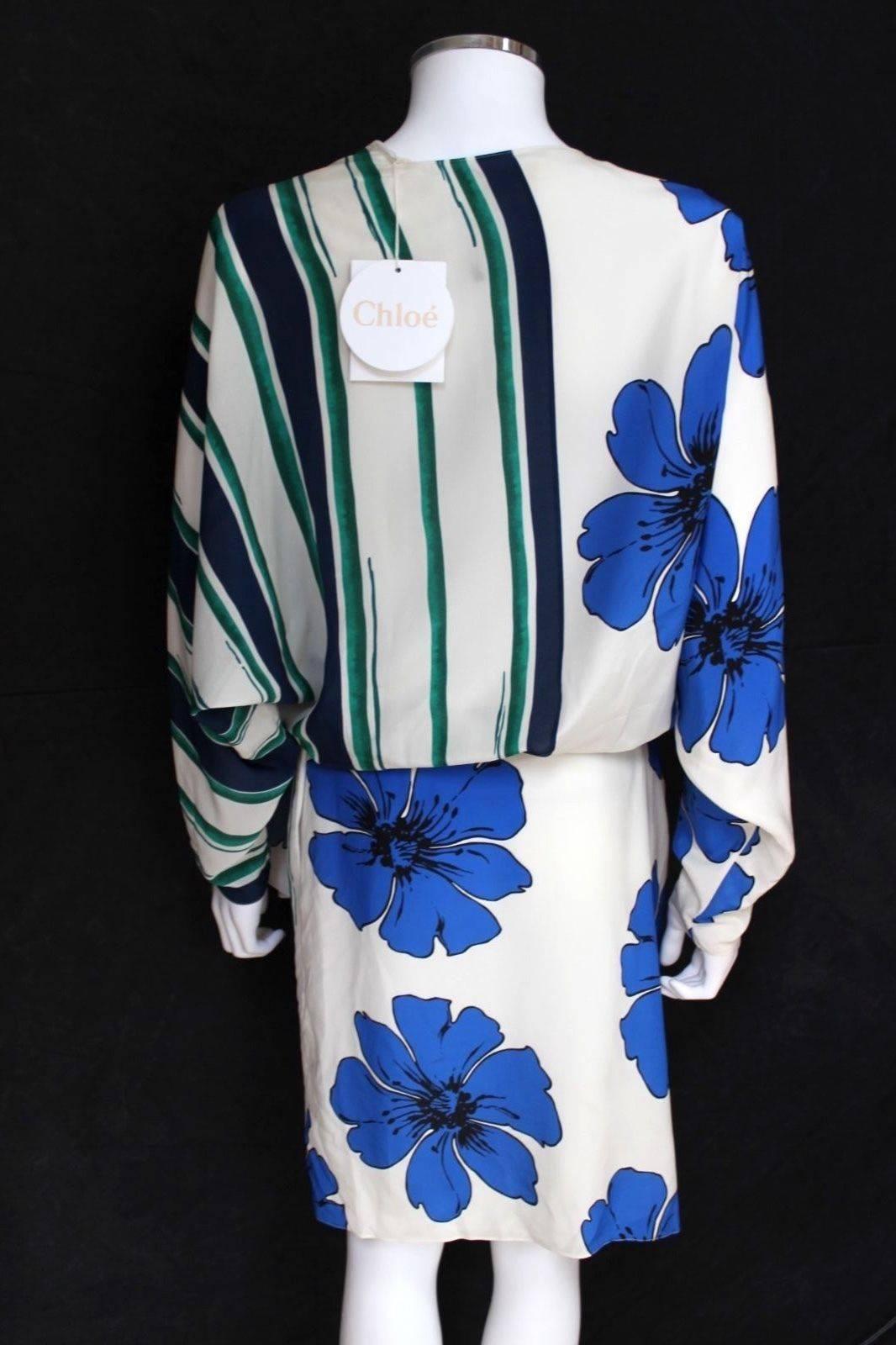 New Chloe Resort 2015 White Striped Floral Dress F 42 uk 12-14 For Sale 1