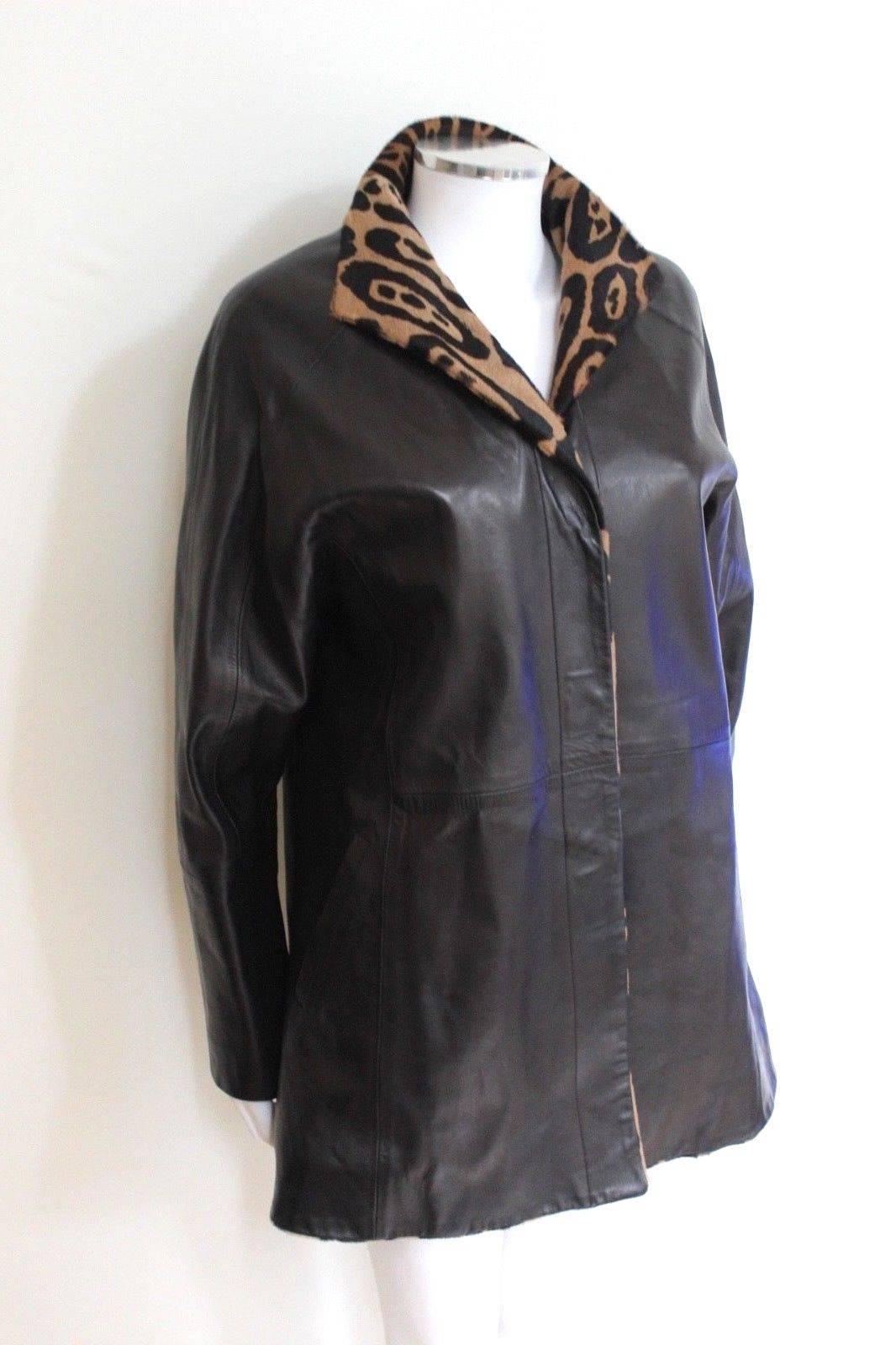 Women's or Men's Jitrois Black Leather Leopard Fur Trim Jacket 40 uk 12 Black leather jacket with For Sale