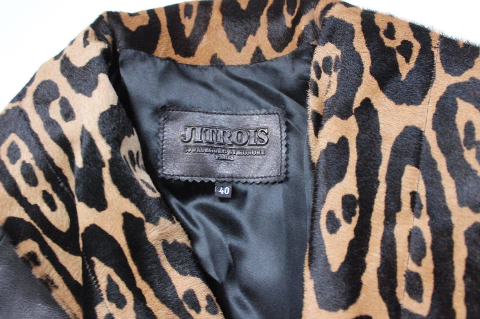 Jitrois Black Leather Leopard Fur Trim Jacket 40 uk 12 Black leather jacket with In Excellent Condition For Sale In London, GB