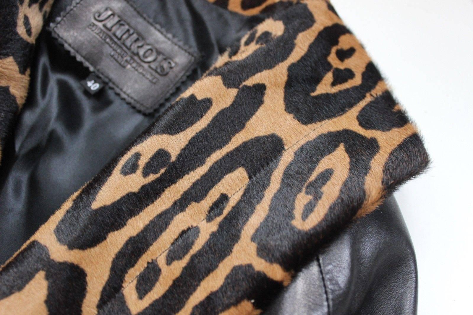 Jitrois Black Leather Leopard Fur Trim Jacket 40 uk 12 Black leather jacket with For Sale 2
