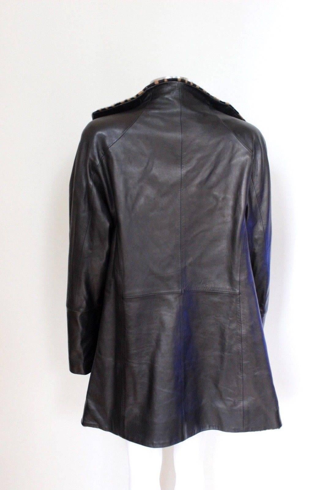 Jitrois Black Leather Leopard Fur Trim Jacket 40 uk 12 Black leather jacket with For Sale 4