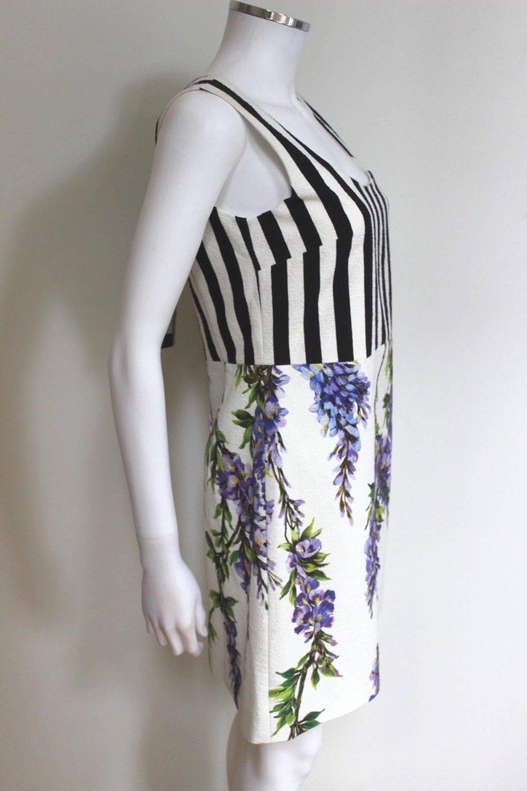 New Dolce and Gabbana White Striped Wisteria Floral Mini Dress 40 UK 8   In Excellent Condition For Sale In London, GB