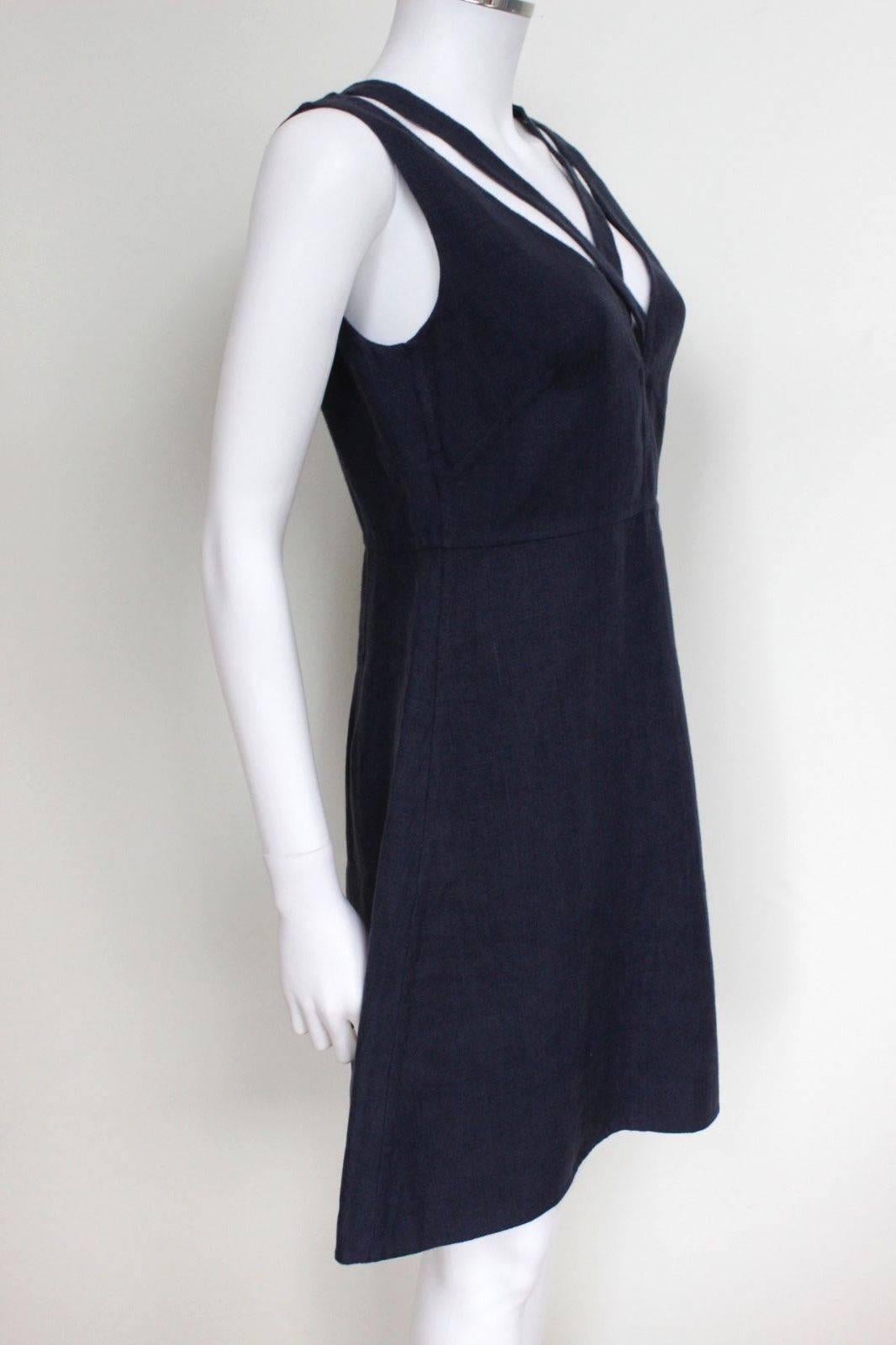 New Valentino Navy Blue Asymmetrical Back A-Line Linen Dress 42 UK 10  1
