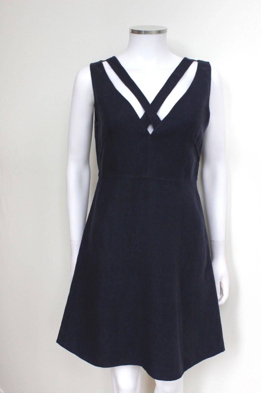 Women's New Valentino Navy Blue Asymmetrical Back A-Line Linen Dress 42 UK 10 