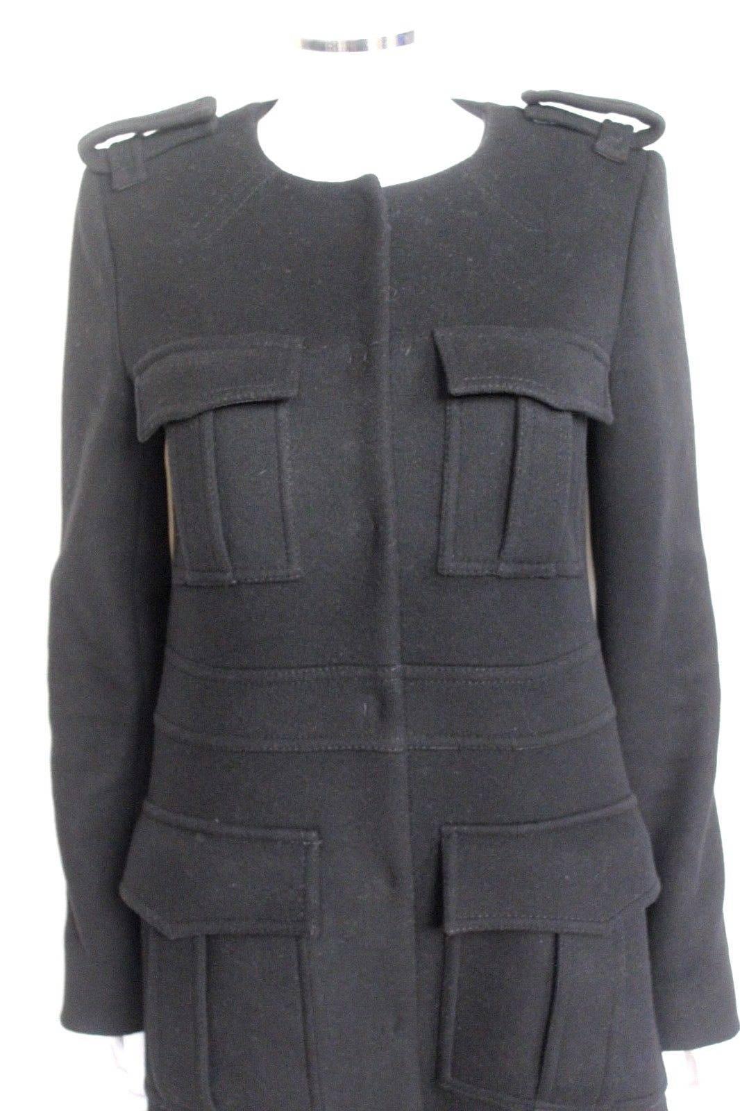Chloe Black Epaulet Military Midi Coat F42  UK 12-14
Collarless with four pockets to the front 
Midi length 
Length 44 inches, chest 19 inches across, waist 18 inches across, hips 22 inches across laid flat 
Size UK14 however would best suit a size