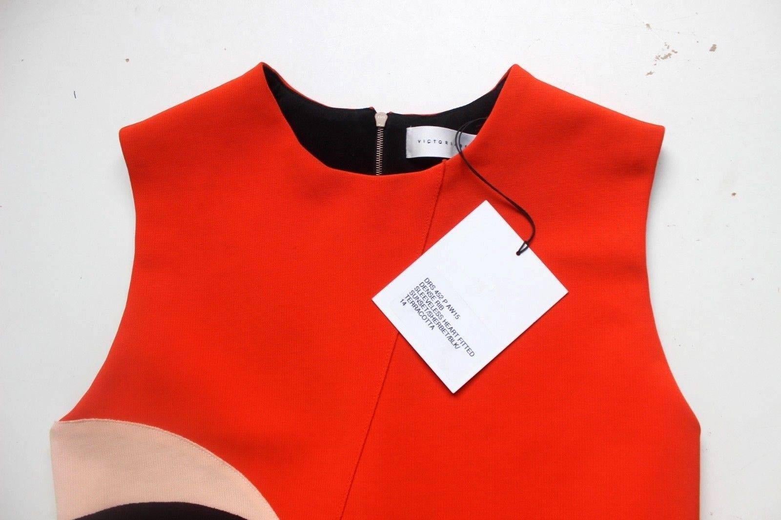 Victoria Beckham New Sleeveless Heart Colorblock Sheath Dress, Sunset UK 12-14  In New Condition In London, GB