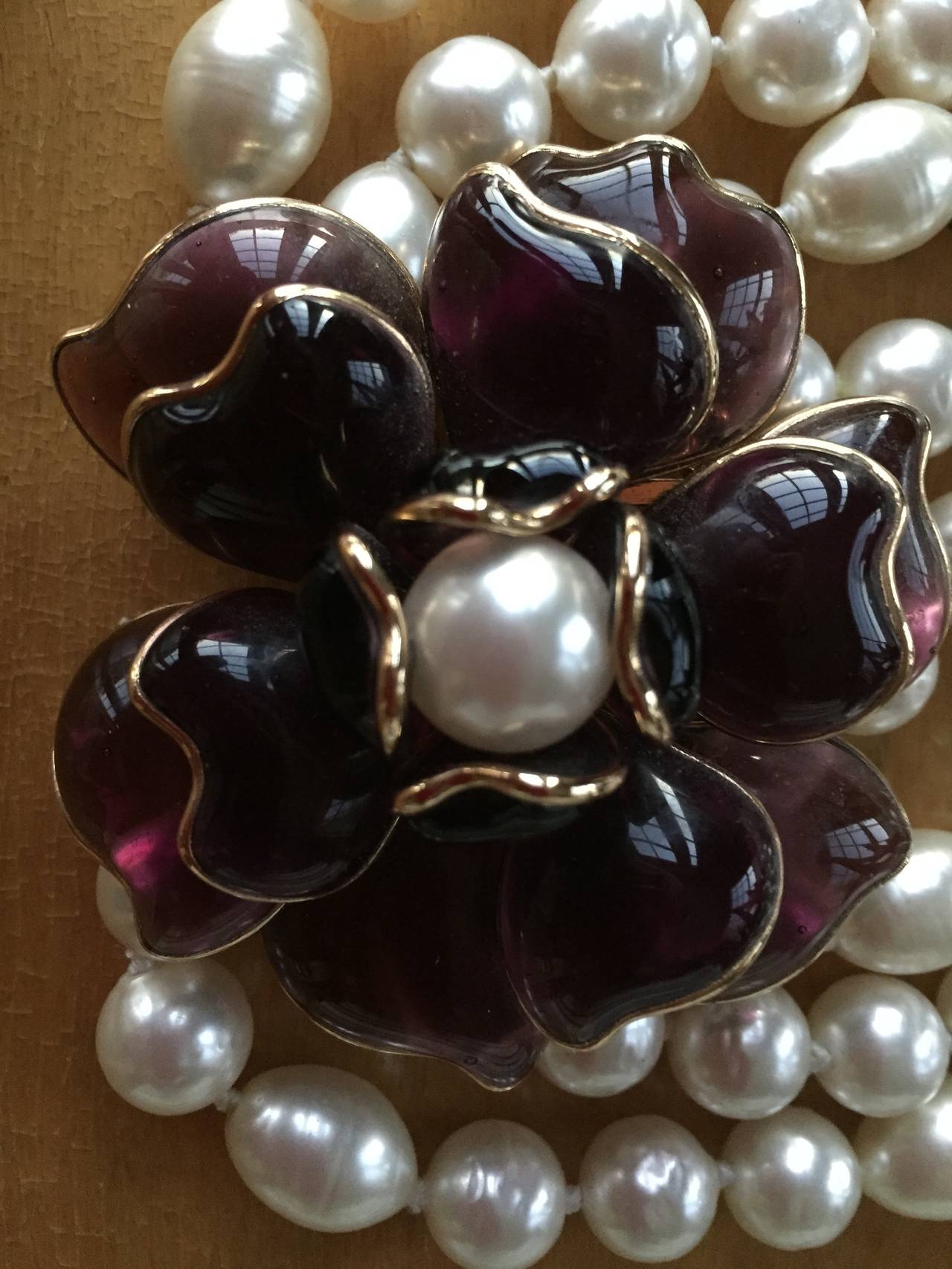Chanel Gripoix Camelia Four Strand Pearl Necklace In Excellent Condition In Cloverdale, CA