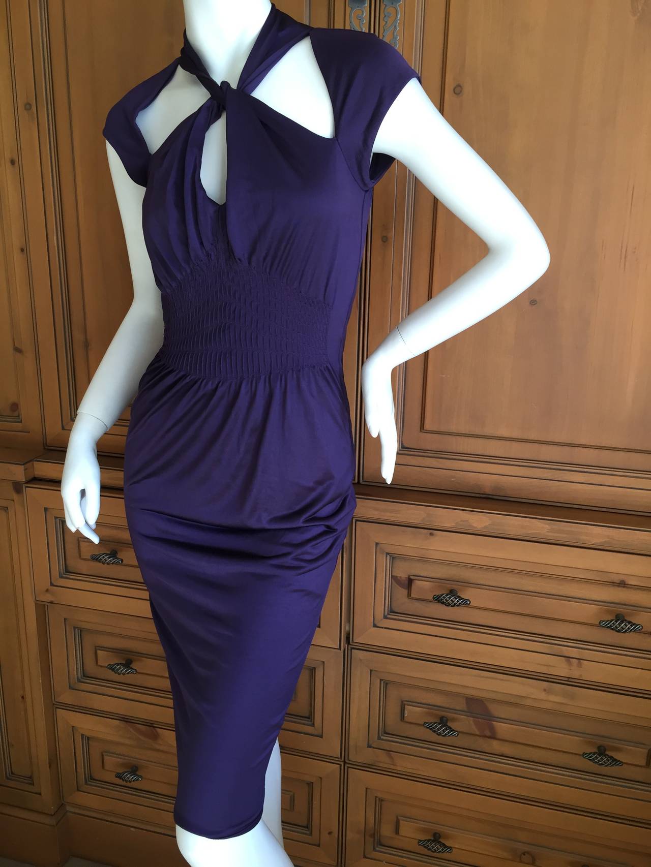 Gucci by Tom Ford Sexy Purple Jersey Backless Dress 
Keyhole halter style top with ruching
This is a fine viscose jersey, with a lot of stretch

Sz Small
Bust 38