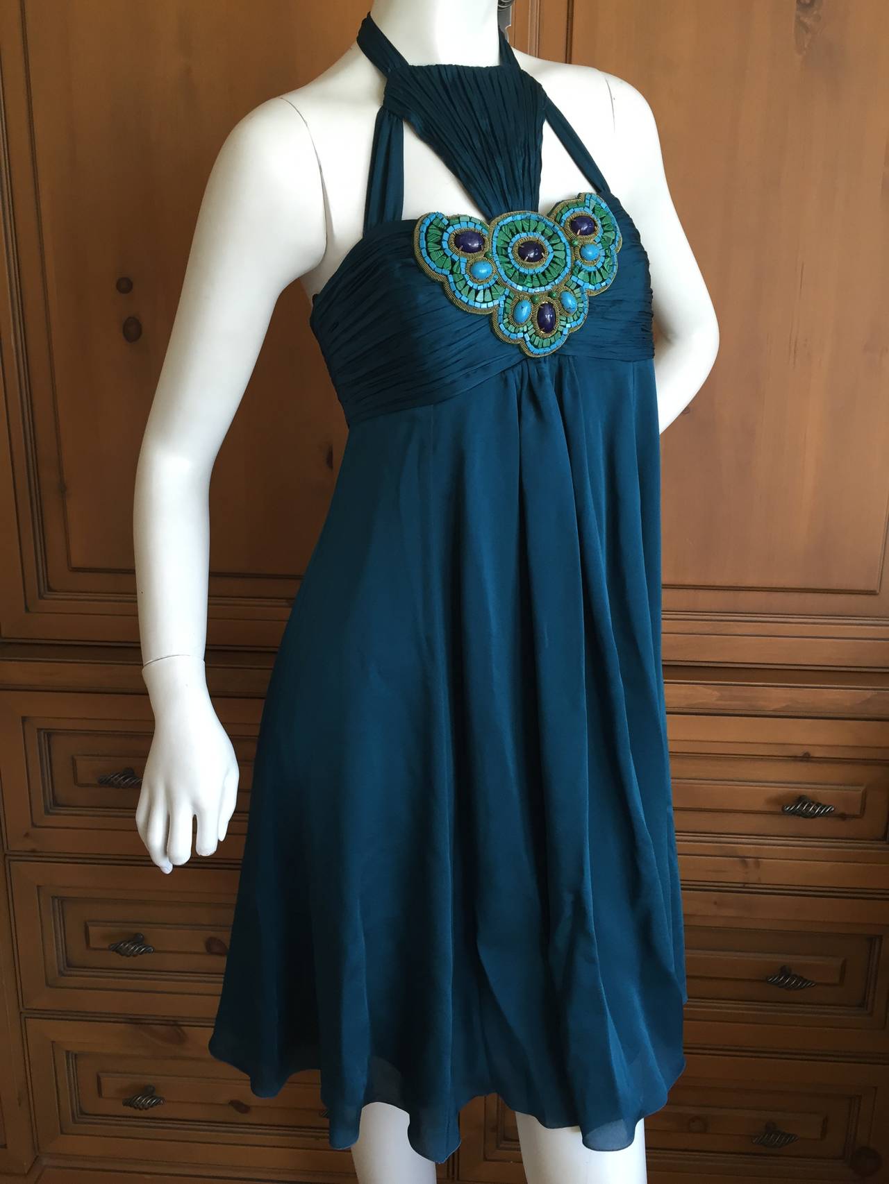 Andrew Gn Paris Silk Dress w Turquoise & Malachite Jeweled Bust In Excellent Condition In Cloverdale, CA