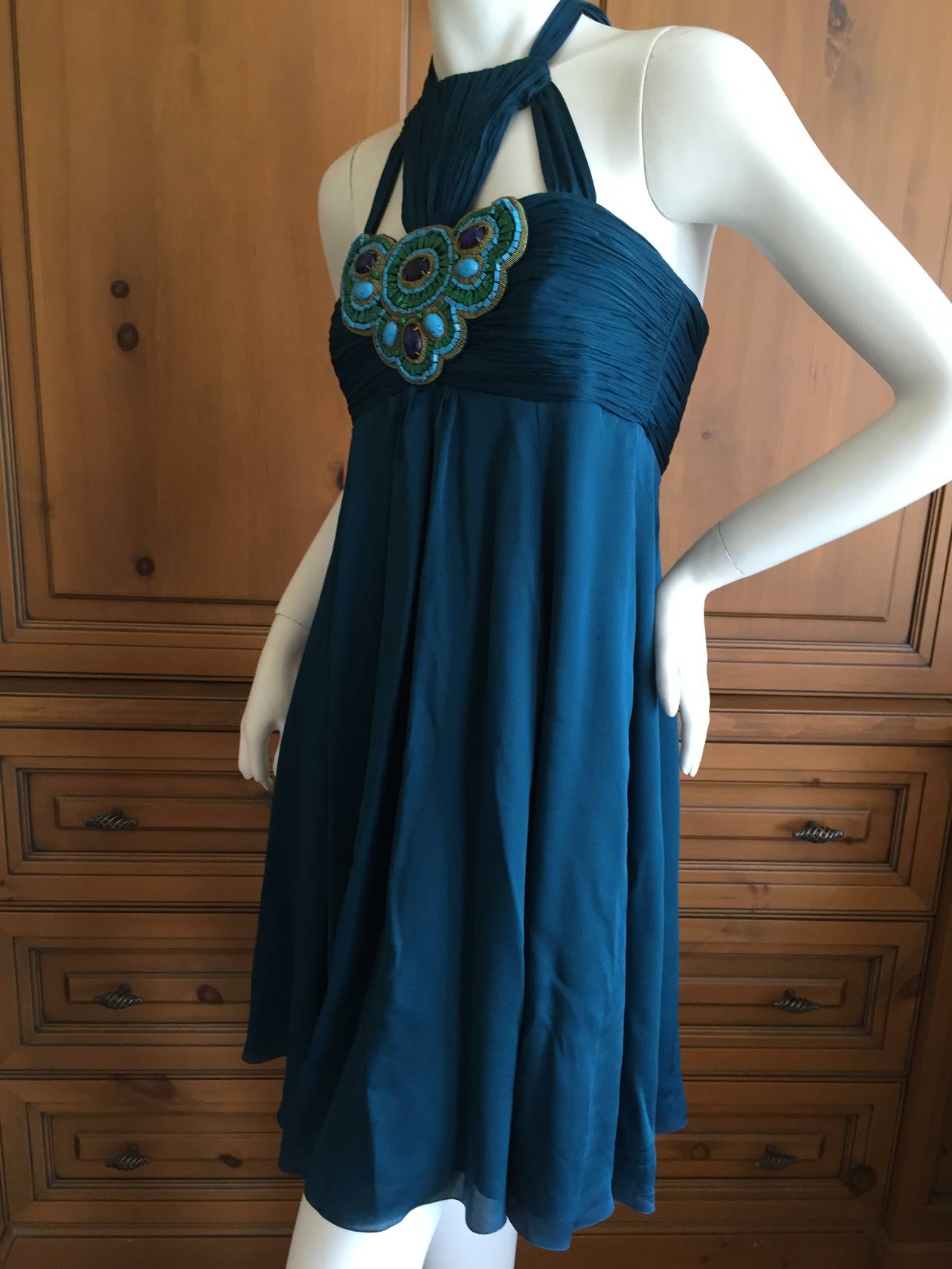 Women's Andrew Gn Paris Silk Dress w Turquoise & Malachite Jeweled Bust