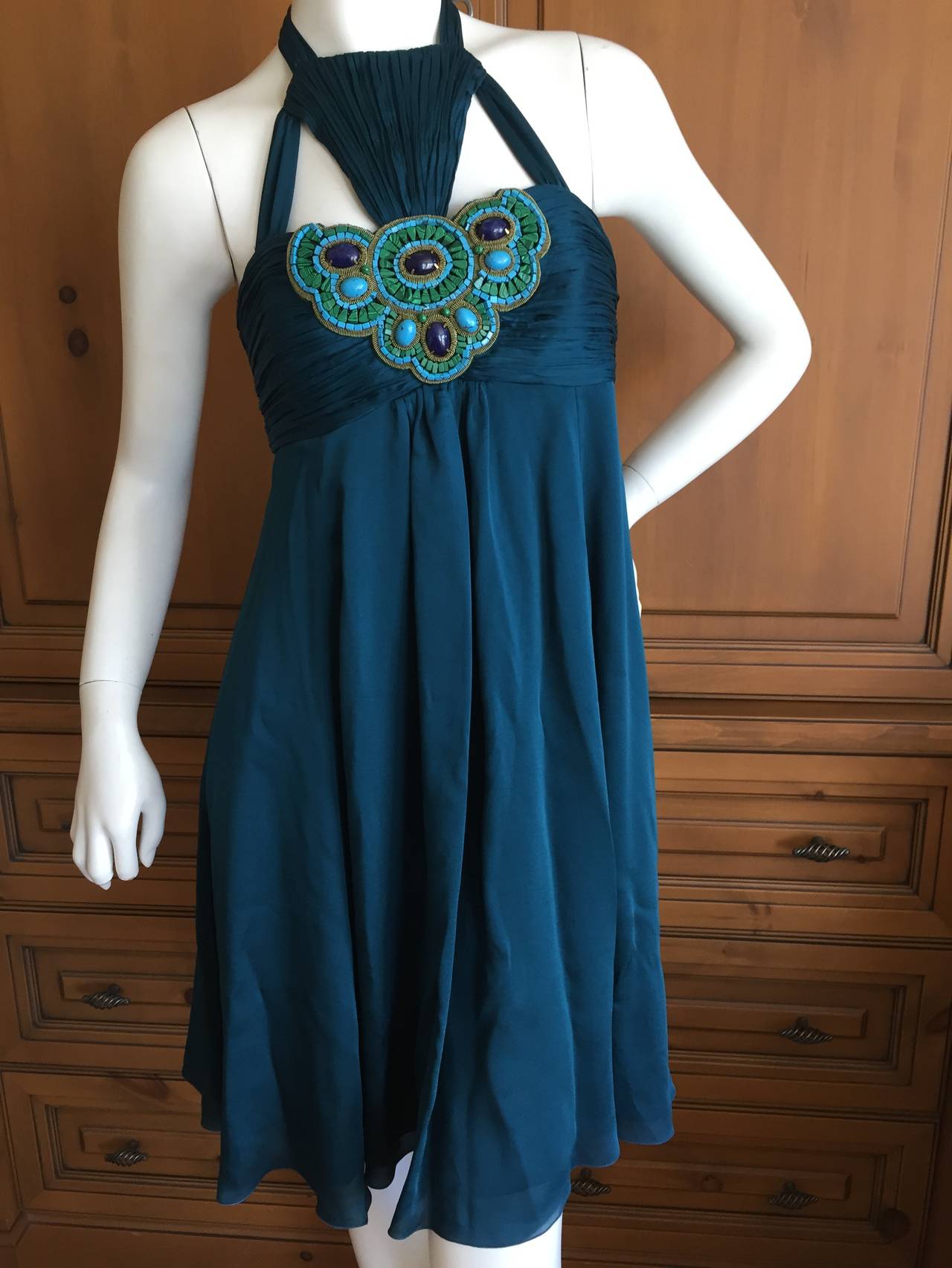 Andrew Gn Paris Silk Dress w Turquoise & Malachite Jeweled Bust 1