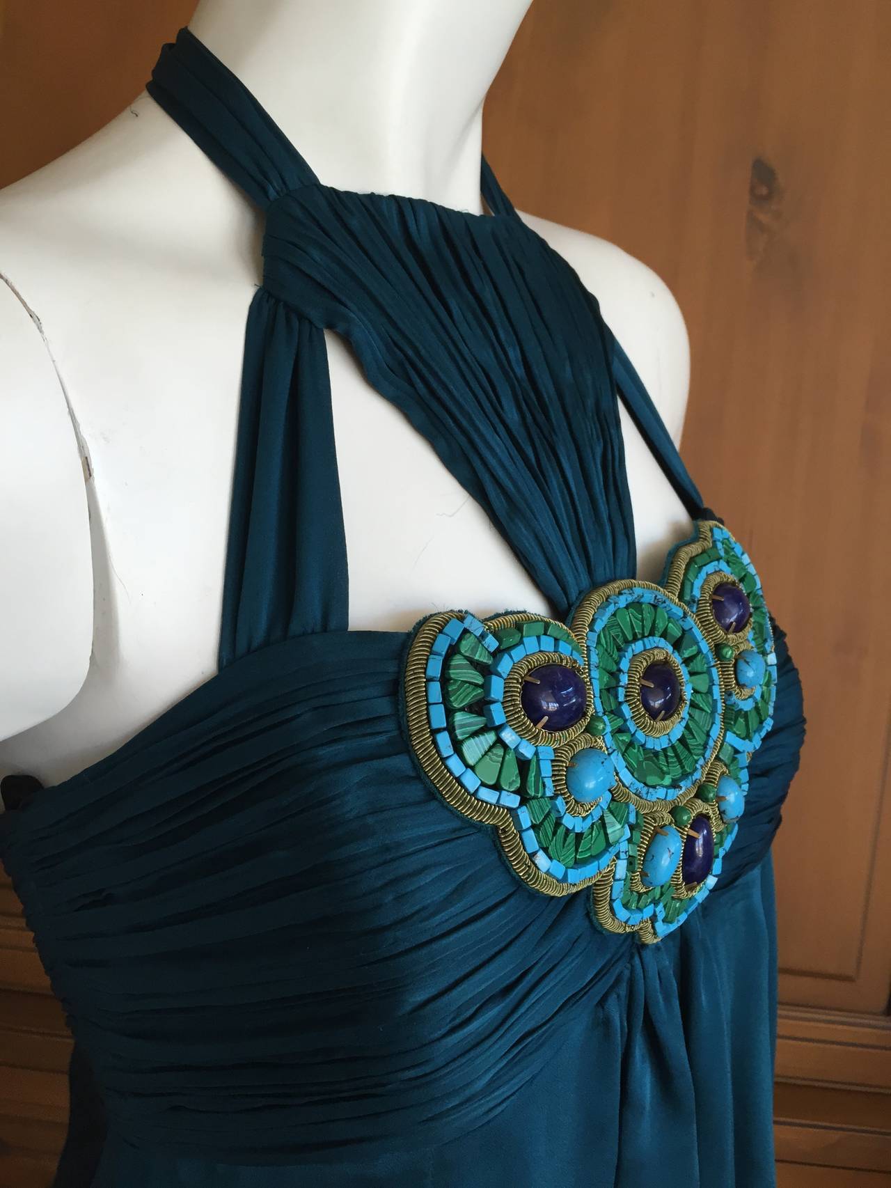 Andrew Gn Paris Silk Dress w Turquoise & Malachite Jeweled Bust 2