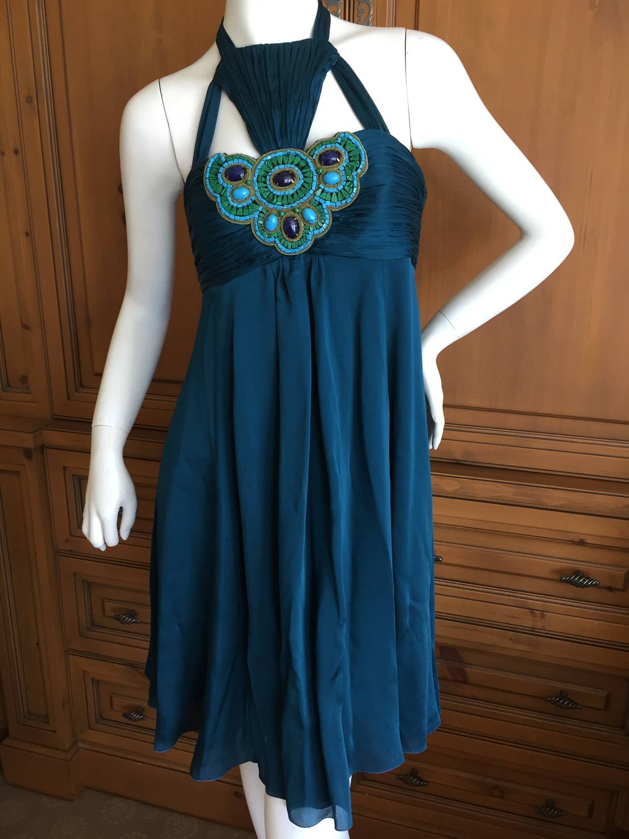 Andrew Gn Paris Silk Dress w Turquoise & Malachite Jeweled Bust 4