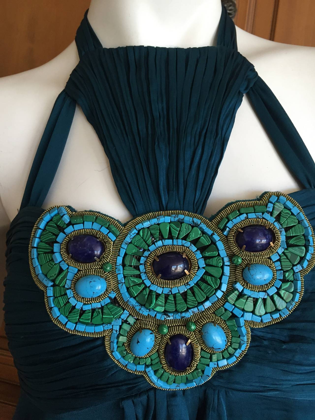 Andrew Gn Paris Peacock Blue Silk Dress w Turquoise & Malachite Jeweled Bust.
Size 38