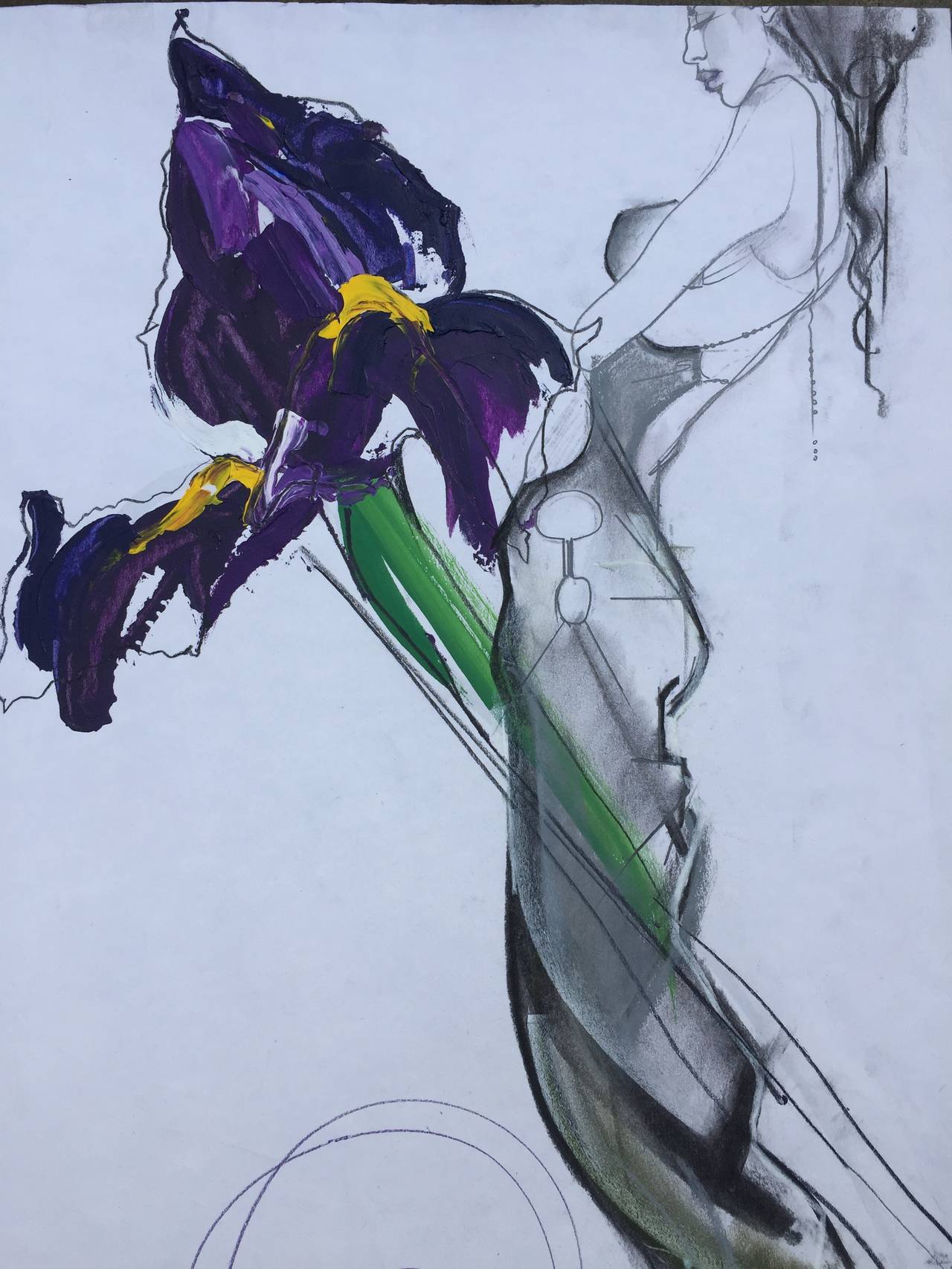 John Galliano Original 1990's Fashion Illustration.
This is an original artwork by John Galliano in the mid 1990's.
It was created for a UK Fashion charity calendar , this was the April page with a very dramatic Iris.
The original artworks were