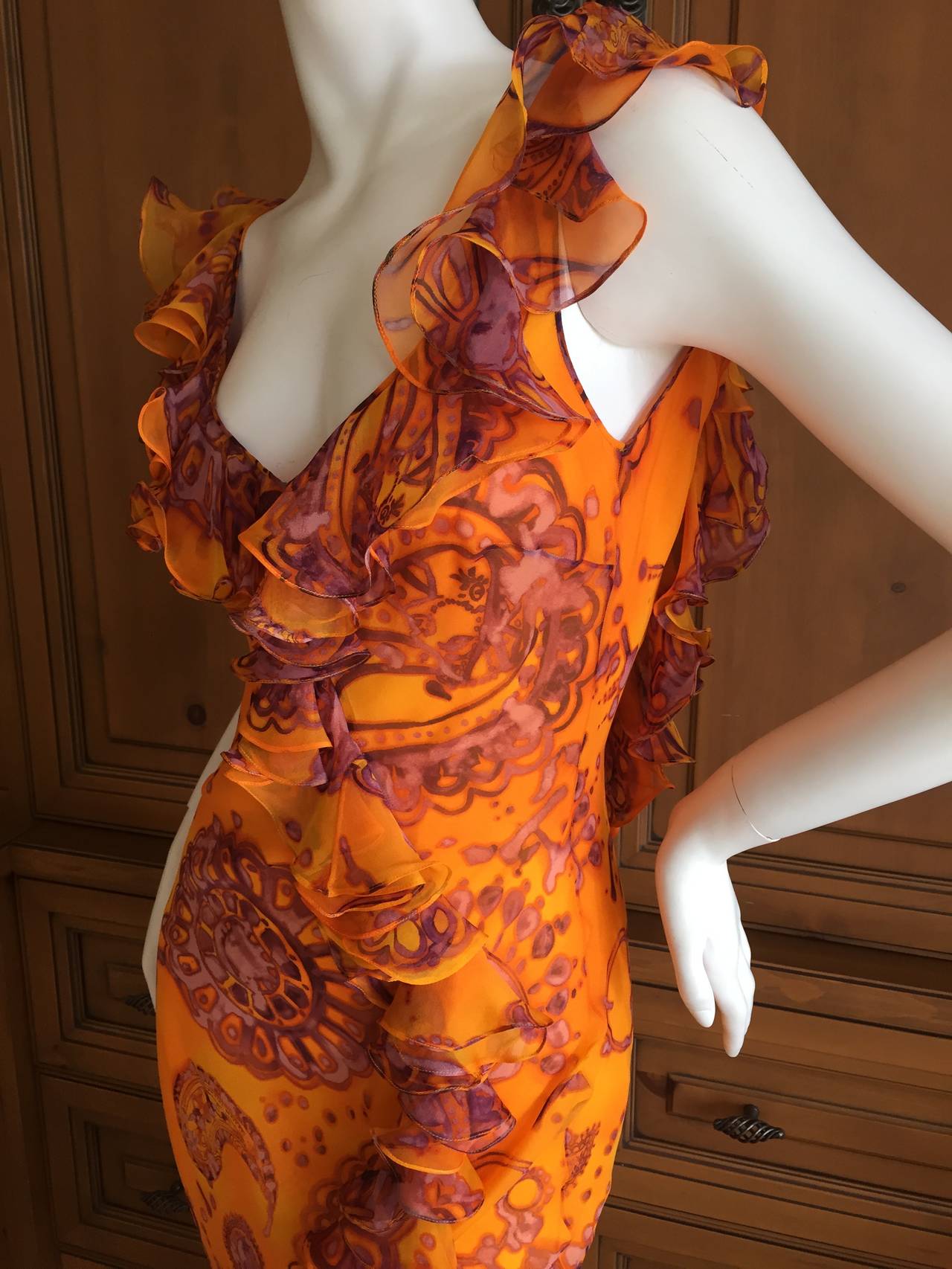 John Galliano Silk Chiffon Batik Paisley Print Ruffle Backless Dress In Excellent Condition In Cloverdale, CA