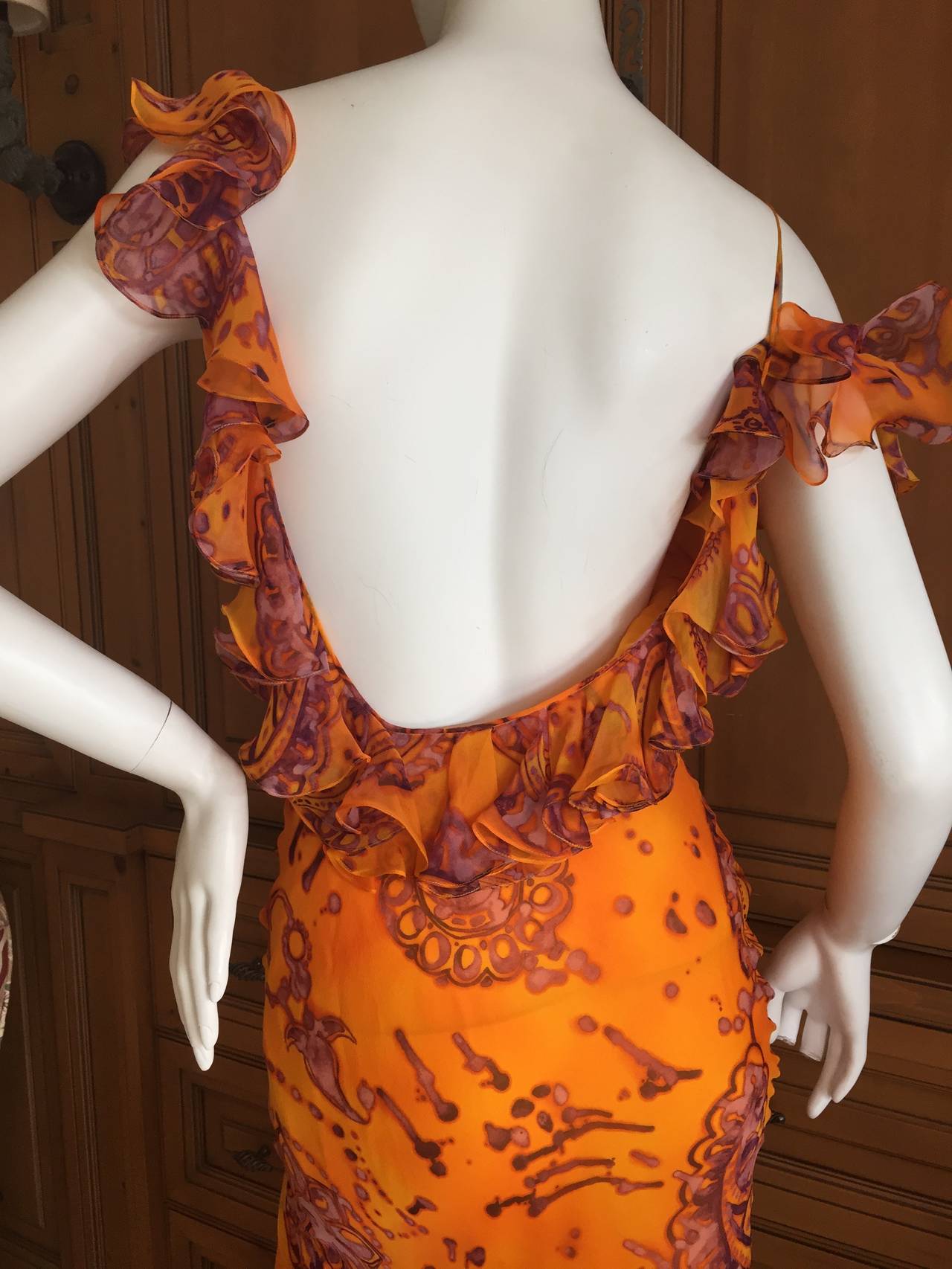 Women's John Galliano Silk Chiffon Batik Paisley Print Ruffle Backless Dress