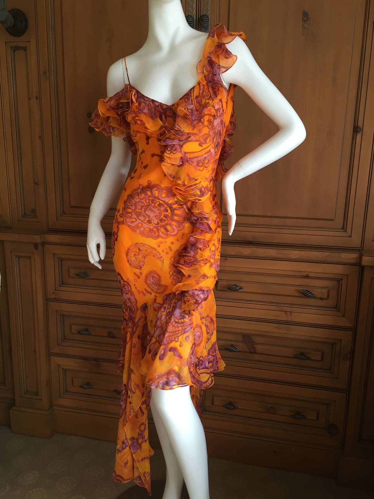 John Galliano Silk Chiffon Batik Paisley Print Ruffle Backless Dress 1