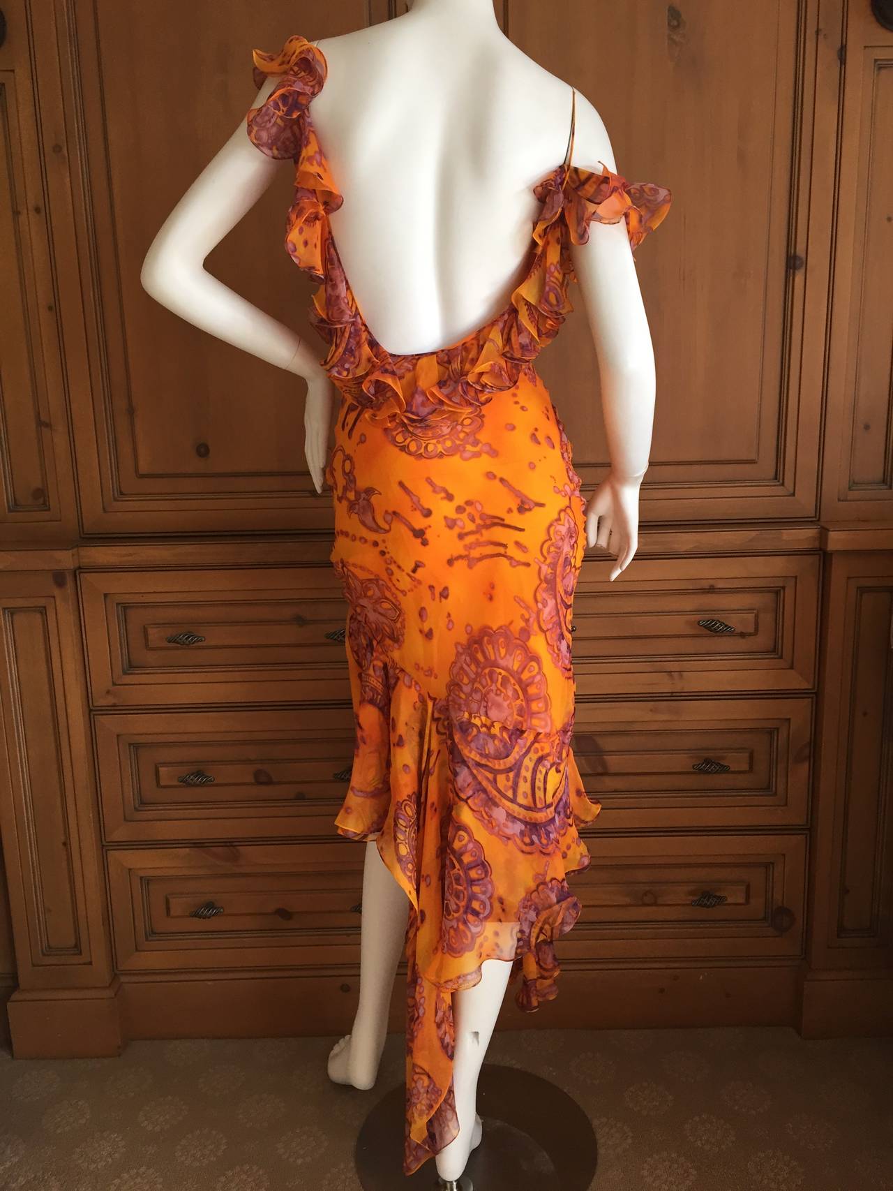 John Galliano Silk Chiffon Batik Paisley Print Ruffle Backless Dress 2