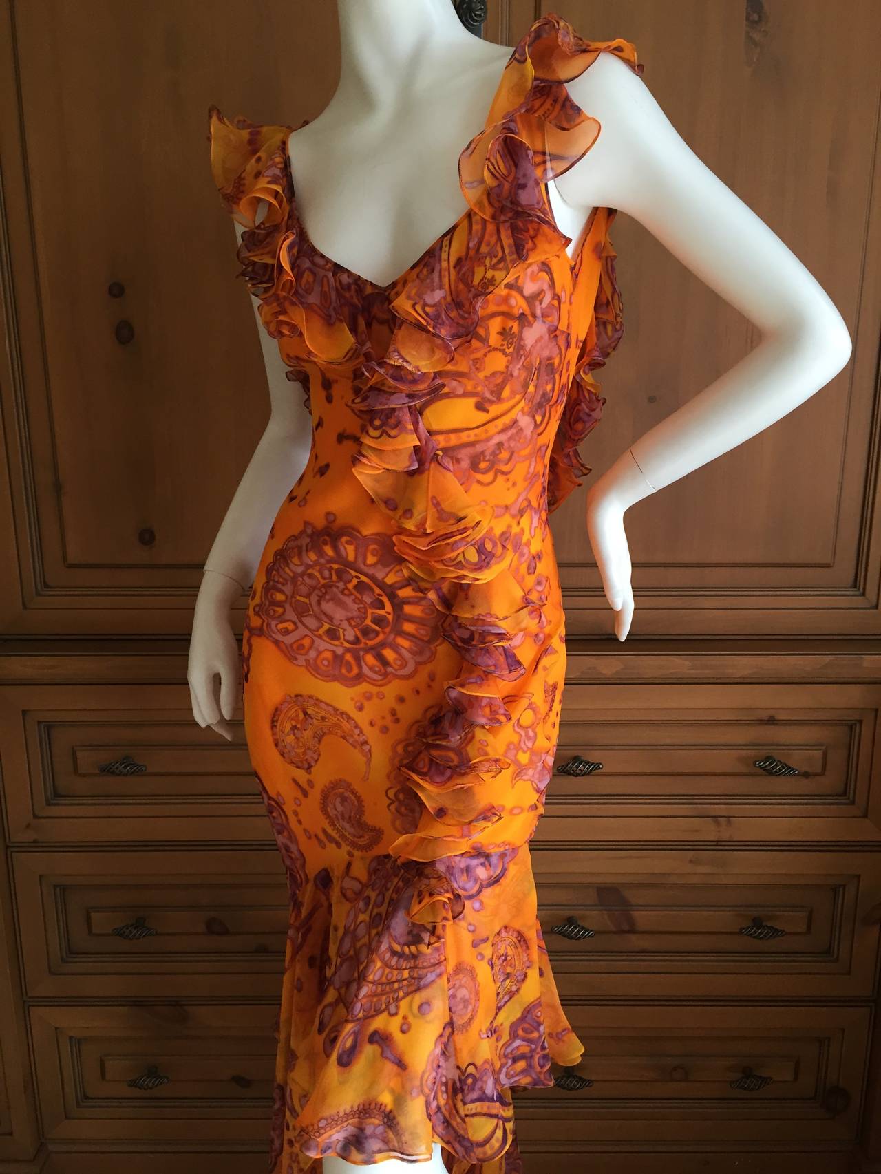 John Galliano Silk Chiffon Batik Paisley Print Ruffle Backless Dress 3