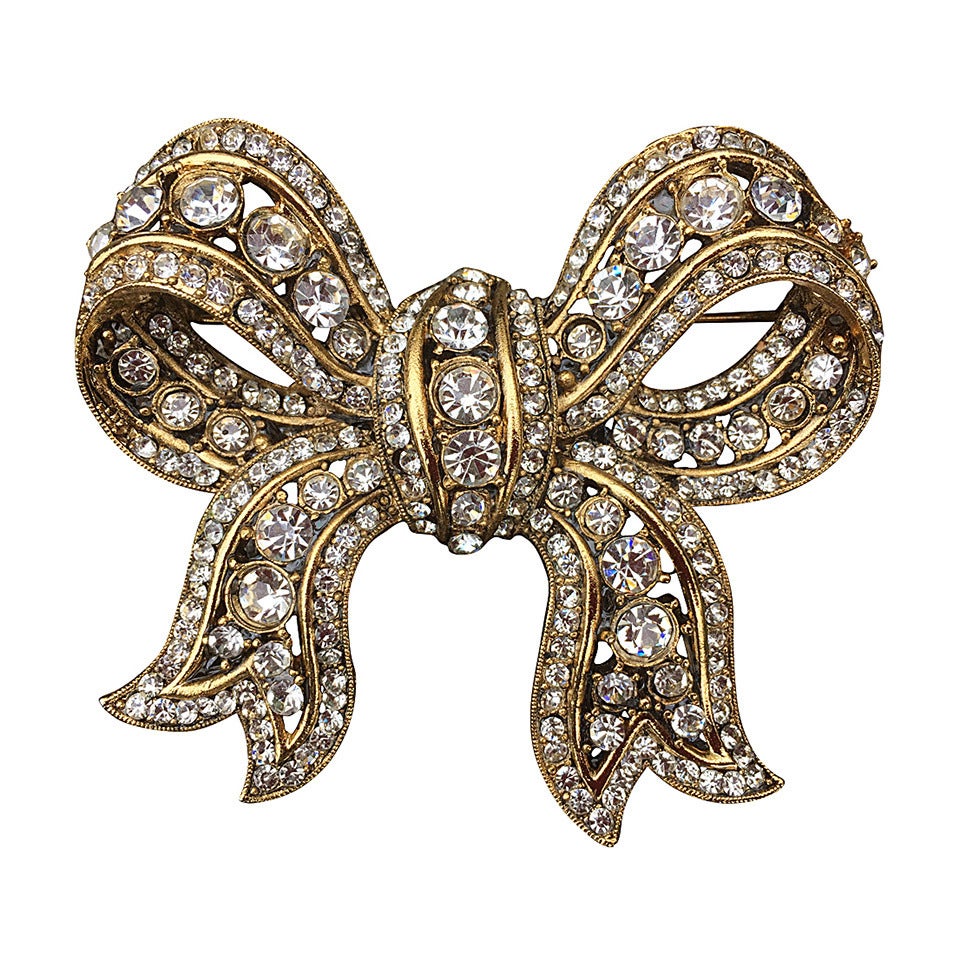 Richard Serbin Large Gold and Crystal Bow Brooch Pin 1985 For Sale