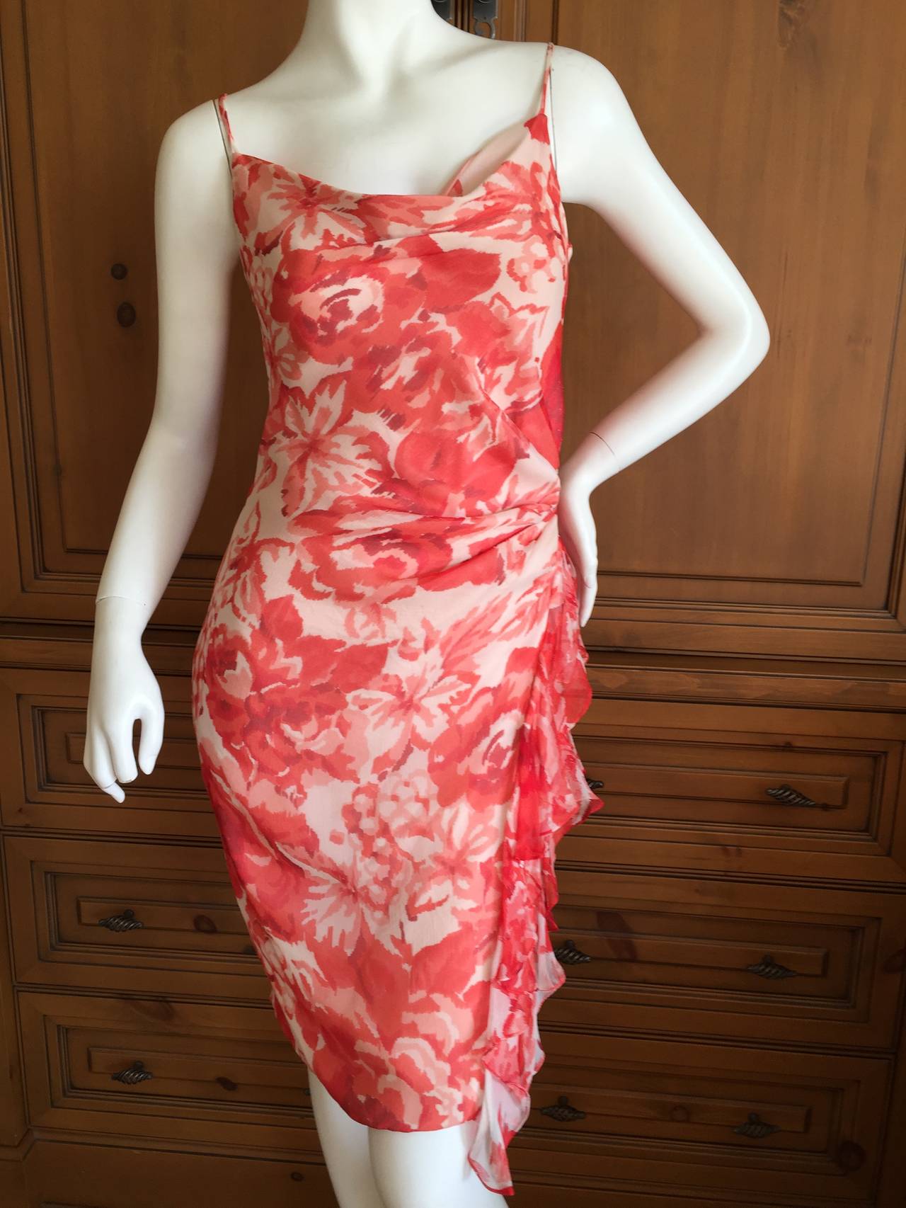 Valentino Vintage Silk Floral Dress with Ruffle Flounce at 1stDibs