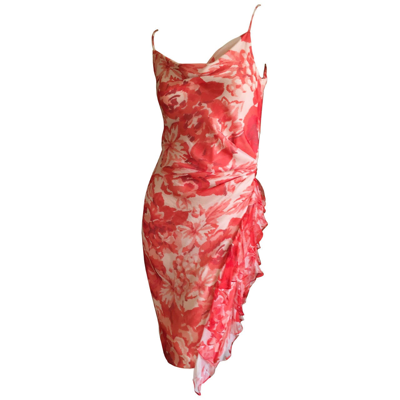 Valentino Vintage Silk Floral Dress with Ruffle Flounce