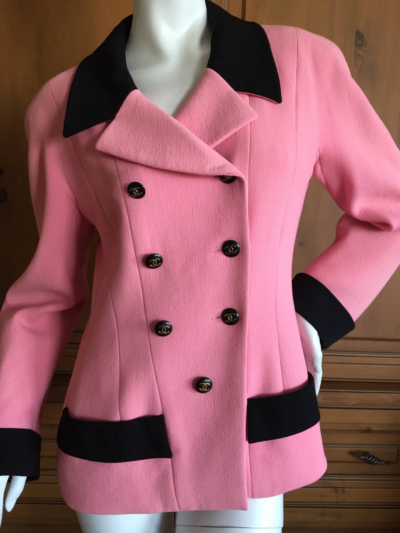 Chanel Iconic Vintage Pink Boucle Jacket with Black Trim at 1stDibs
