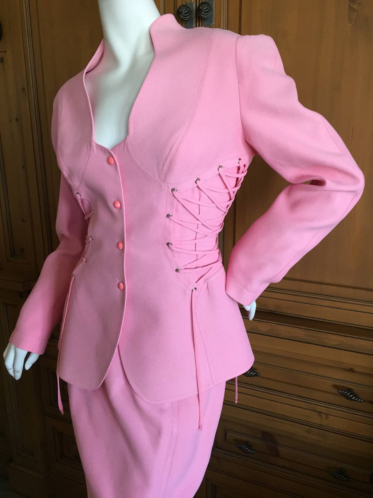 Thierry Mugler Vintage Pink Suit w Corset Lace Details 1