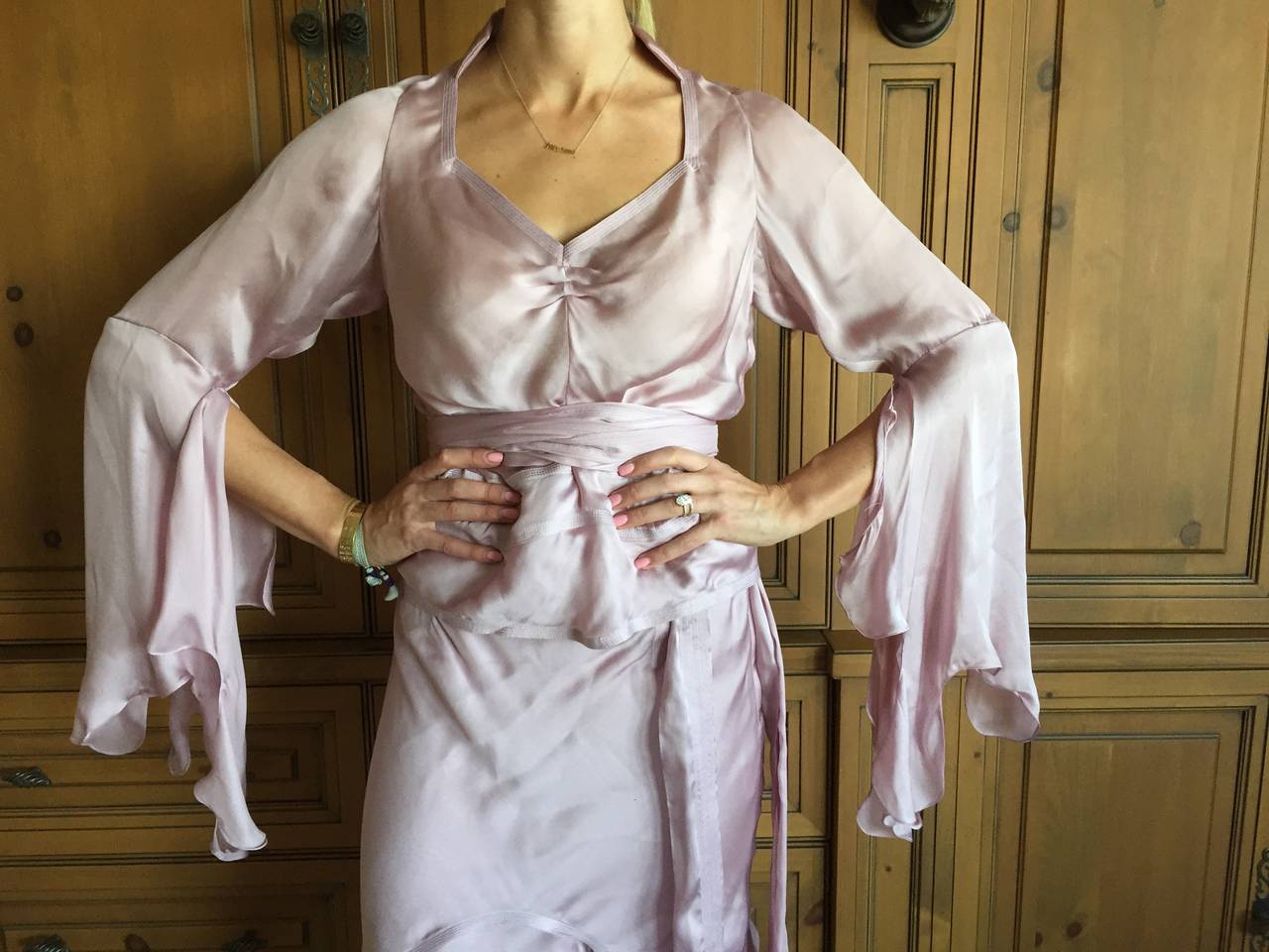 YSL by Tom Ford 2002 Lilac Silk Skirt & Top w Poet Sleeves 6
