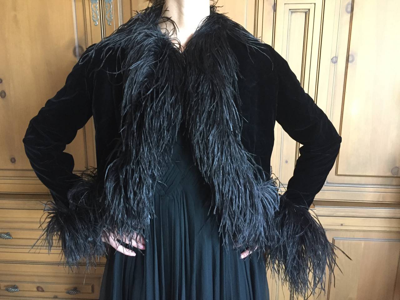 Delightful Black Velvet Ostrich Feather Trim Jacket by Mollie Parnis