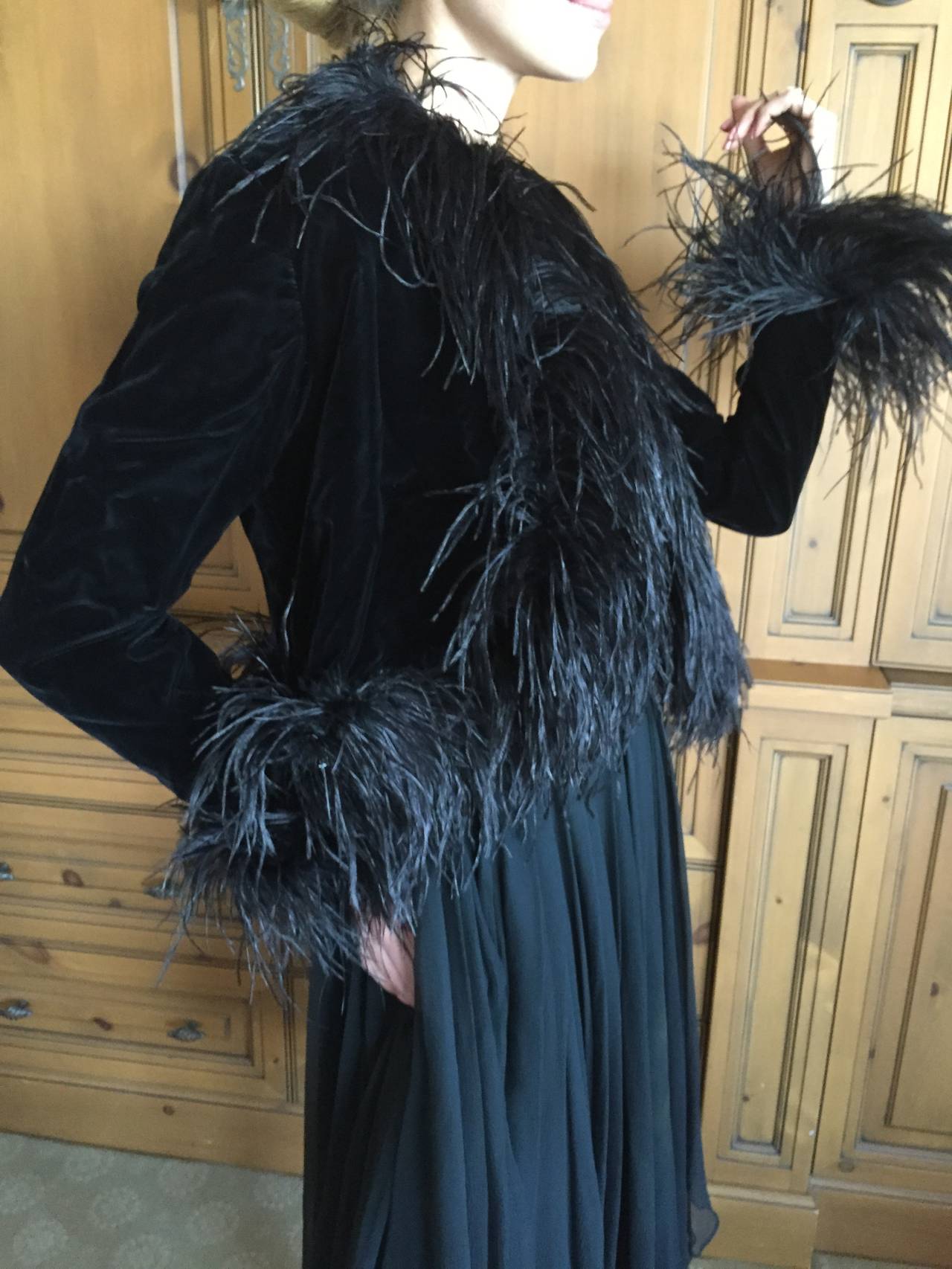 Black Velvet Ostrich Feather Trim Jacket by Mollie Parnis 1