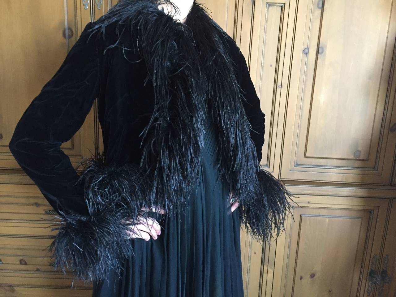 Black Velvet Ostrich Feather Trim Jacket by Mollie Parnis 2